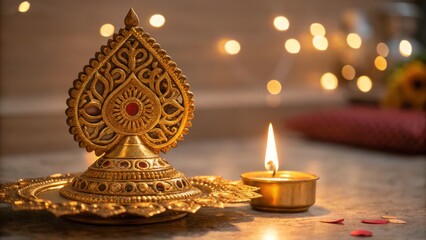 A decorative brass oil lamp with intricate patterns beside a small tealight candle, both glowing softly against a blurred background with warm bokeh lights.