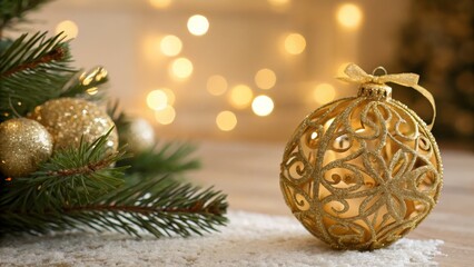 A festive Christmas scene with a golden ornament, pine branches, and blurred warm lights in the background.