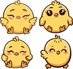 Cute Kawaii Baby Chick Character Vector Set - Adorable Yellow Chicks with Flowers for Kids Design