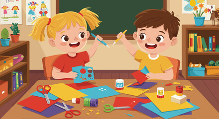 Little girl and boy making crafts with scissors, glue, and colorful paper at a table, cheerful classroom setting