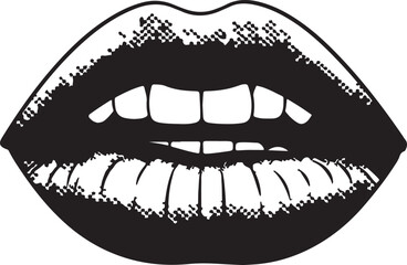 Expressive Monochrome Lips Art Depicting Open Mouth with Visible Teeth and Distressed Texture for Bold Design