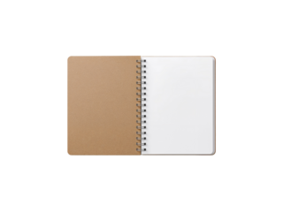 Spiral bound notebook open showcasing blank white page and kraft cover over isolated transparent