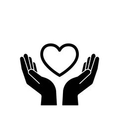 Obraz premium A simple vector illustration depicts two hands gently cradling a heart shape, symbolizing care, love, and support against a clean white background.