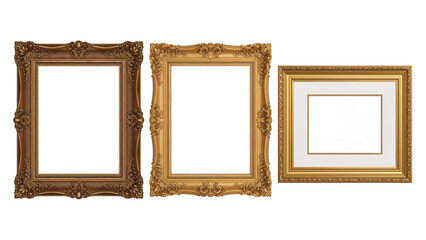 Three ornate gilded picture frames offer artistic presentation with isolated transparent background