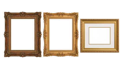 Three ornate gilded picture frames offer artistic presentation with isolated transparent background