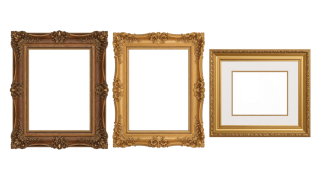 Three ornate gilded picture frames offer artistic presentation with isolated transparent background