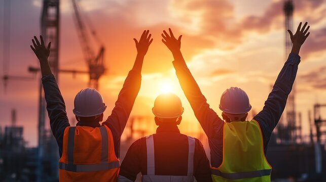 Labor Day Tribute: Construction Workers Team Raising Hands at Sunset Celebrating Labor Achievement, Workplace Dedication & Teamwork Inspiration Visual Stock Photo - Powered by Adobe