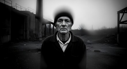 A somber black and white portrait of an elderly man in a desolate industrial setting, his weathered face telling a story of hardship and resilience.