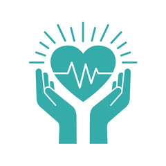 Obraz premium A teal graphic icon depicts caring hands cradling a vibrant heart with an active heartbeat, symbolizing health, wellness, and medical protection.