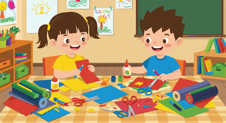 Fototapeta premium Little girl and boy making crafts with scissors, glue, and colorful paper at a table, cheerful classroom setting