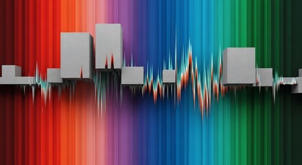 Abstract 3D cityscape silhouette visualized as a soundwave against a vibrant rainbow spectrum background.