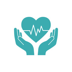Obraz premium A vibrant teal icon depicts caring hands cradling a heart with an electrocardiogram line, symbolizing health, medical care, and well-being.