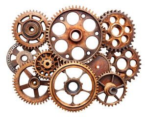  Collection of rusty metal gears interconnected isolated on white background,PNG.AI Generated.