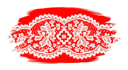 Intricate white lace pattern on a red watercolor background.