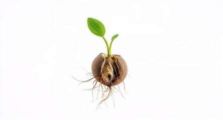 A sprouting seed with green leaves and roots against a plain white studio background showing growth