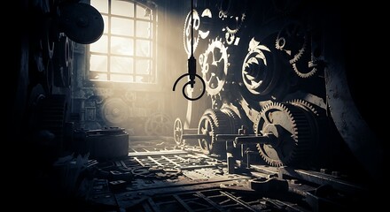 A dimly lit, dusty workshop interior featuring gears, machinery, and a window letting in light, creating a vintage, industrial atmosphere.