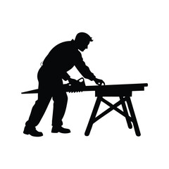 Silhouette of a construction worker sawing wood on a sawhorse for project