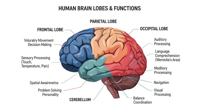 Human Brain Lobes and Functions Educational Diagram with Color Coded Sections