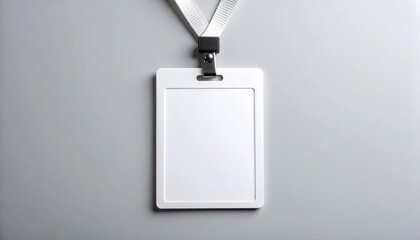 Blank white ID badge holder with lanyard on gray. Customizable template for corporate events, employee identification, security passes, or visitor credentials.