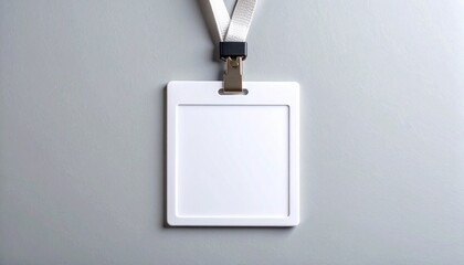 Blank white security ID card badge with a lanyard on a gray background. Corporate identity pass mockup for an event or office access.
