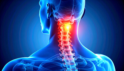 Human Anatomy with Neck Pain Highlighted on Cervical Spine
