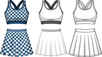 CAD drawing flat vector illustration of athletic wear sets, sports bras, pleated skirts, front and back views, fitness design layout, cheer outfit, stylish activewear, garment sketch