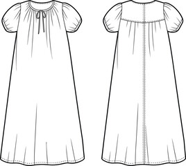 CAD drawing flat vector illustration of baby nightgown dress with puff sleeves, front and back view, technical fashion sketch, sewing pattern template