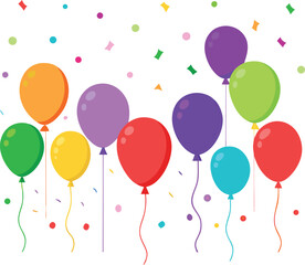Obraz premium Colorful Balloons and Confetti Floating on a White Background for Celebration