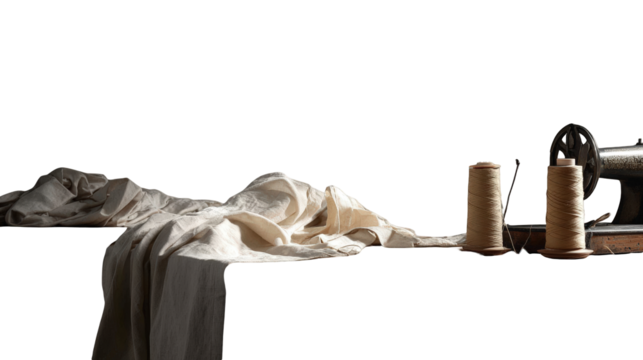 Vintage sewing machine with spools of thread and fabric, isolated on transparent background