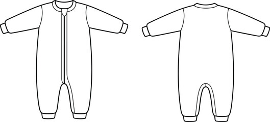 CAD drawing flat vector illustration of baby onesie design, front zipper closure detail, classic silhouette sketch, garment layout, infant clothing template, fashion illustration for baby wear