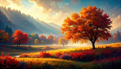 Autumn landscape scene serene valley nature photography vibrant colors golden hour tranquil environment