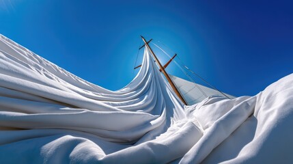 A white sail fully unfurled and billowing against a clear blue sky