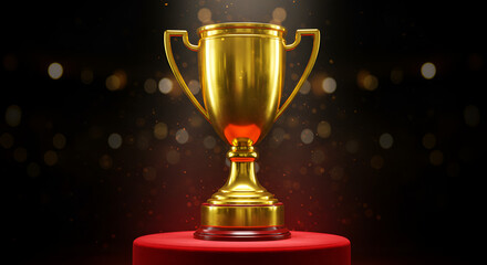 Glistening golden trophy atop red pedestal