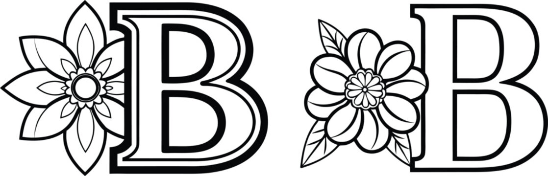 B letter Floral Alphabet Hand-drawn outline Illustration.