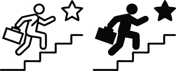 Businessman Climbing Stairs Icons – Black and White Success Achievement Vector Silhouette