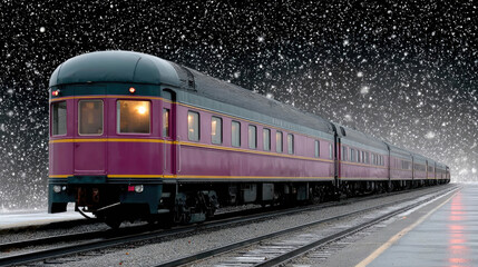 Fototapeta premium Vintage Train Journey Through Snowy Night on Railroad Tracks