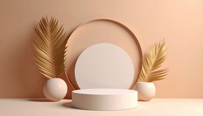 Fototapeta premium Modern minimalist display setup with natural elements in soft color palette photography studio environment aesthetic viewpoint