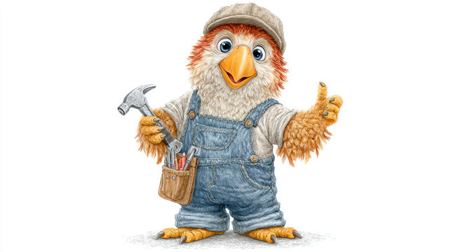 Cartoon parrot carpenter shouting safety tips in 3D illustration.