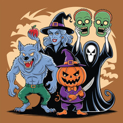 Scary Halloween Characters Illustration with Witch, Werewolf, Pumpkin Head and Grim Reaper.