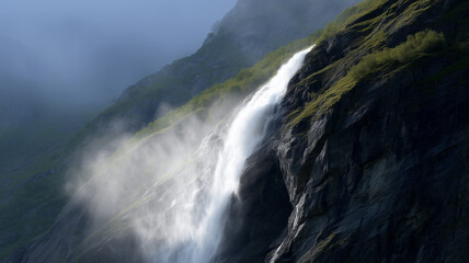 Majestic waterfall cascading down rocky mountain with mist, lush greenery, and dramatic sunlight