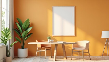 Sunny Dining Room with Blank Frame, Wooden Table, and Vibrant Orange Wall