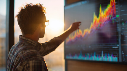 Man analysis data chart graph business finance technology office presentation create dynamic scene as man points colorful financial graph large screen modern office during sunset conveying focus
