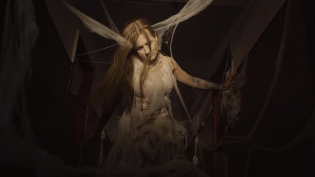 Frightening woman dead bride with Halloween zombie wounded makeup in convulsions wears spider web in corridor. Voodoo rituals.