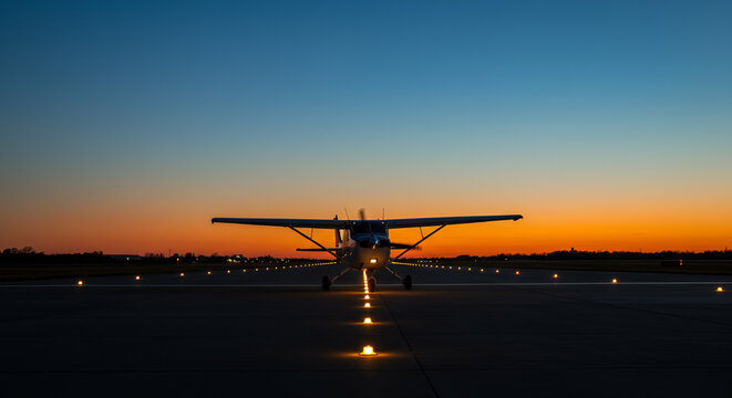 Single engine aircraft on runway illuminated by lights at dawn or dusk
