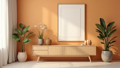 Warm Hues and Natural Elements:  Stylish Living Room with Wooden Furniture and Plants