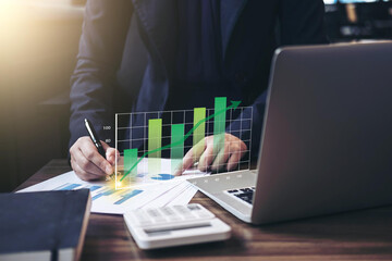 Businessman showing profit chart goals. Financial tax, inflation statistics, wealth management. Stock market, trading success. Business innovation, strategic planning. future investment