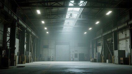 Obraz premium Empty Industrial Warehouse with Soft Lighting and Dust Particles