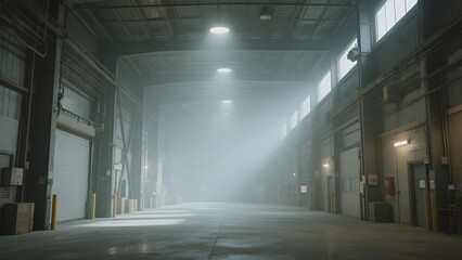 Obraz premium Empty Industrial Warehouse with Foggy Atmosphere