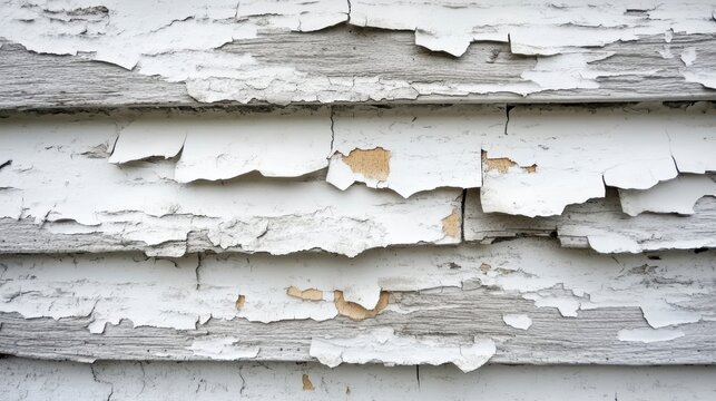 Peeling white paint on weathered wooden siding. - Powered by Adobe