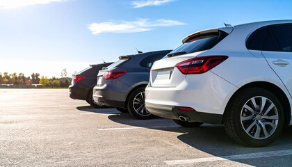 A row of three parked cars lined up neatly in an open parking lot under clear blue sky, reflecting light on clean surfaces. Suitable for marketing or business purposes